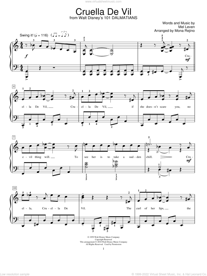 Cruella De Vil (from 101 Dalmations) sheet music for piano solo (elementary) by Mel Leven, Mona Rejino and Miscellaneous, beginner piano (elementary)