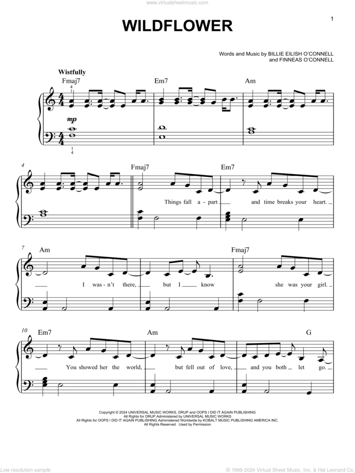 WILDFLOWER sheet music for piano solo by Billie Eilish, easy skill level