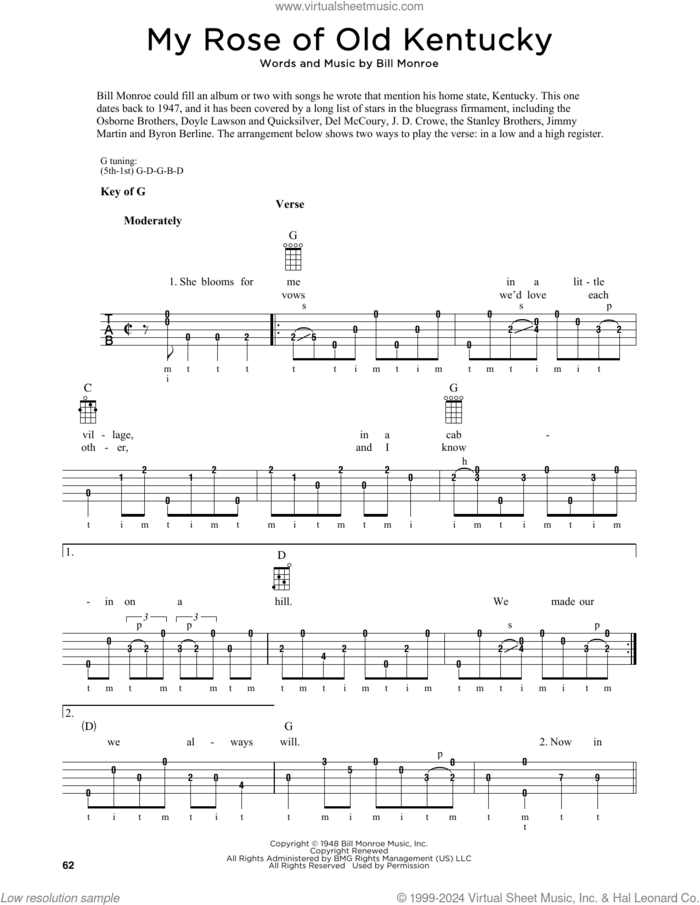 My Rose Of Old Kentucky (arr. Fred Sokolow) sheet music for banjo solo by Bill Monroe and Fred Sokolow, intermediate skill level