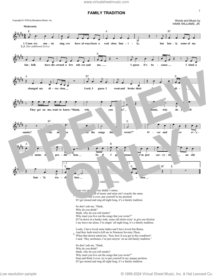 Family Tradition sheet music for voice and other instruments (fake book) by Hank Williams, Jr., intermediate skill level