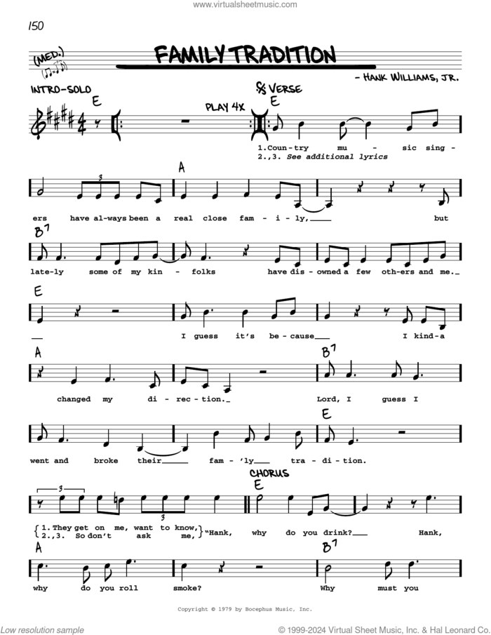 Family Tradition sheet music for voice and other instruments (real book with lyrics) by Hank Williams, Jr., intermediate skill level