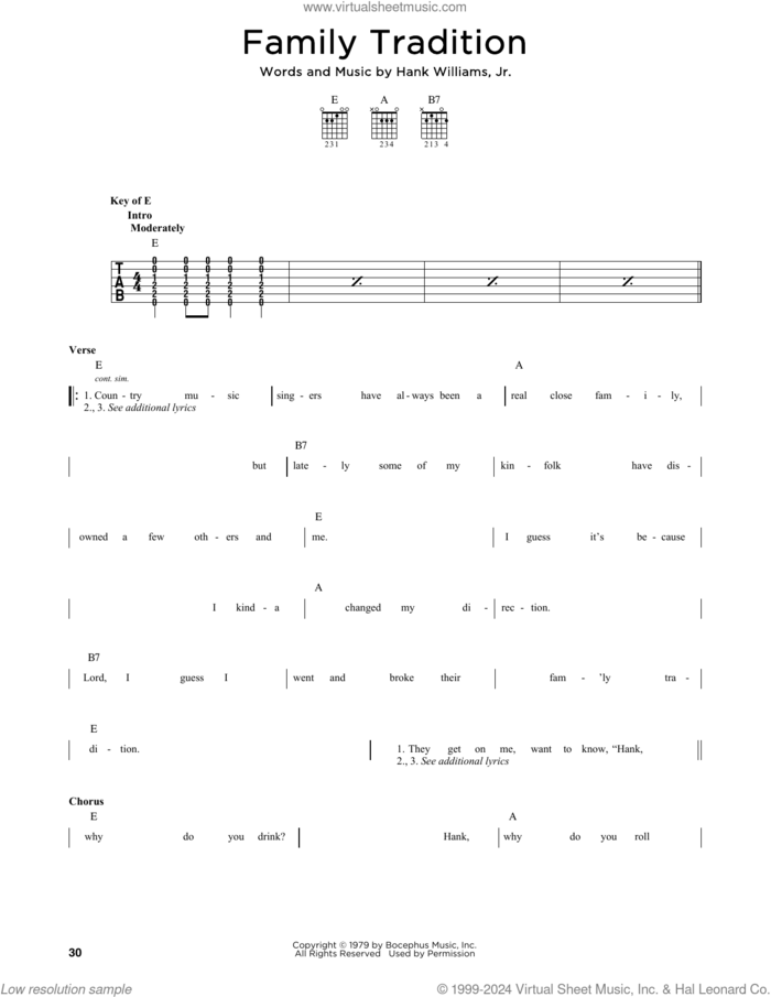 Family Tradition sheet music for guitar solo by Hank Williams, Jr., intermediate skill level