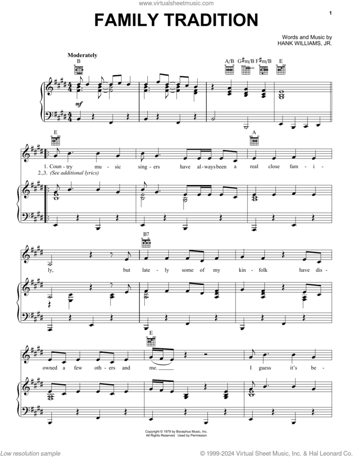 Family Tradition sheet music for voice, piano or guitar by Hank Williams, Jr., intermediate skill level