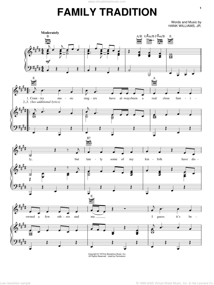 Family Tradition sheet music for voice, piano or guitar by Hank Williams, Jr., intermediate skill level