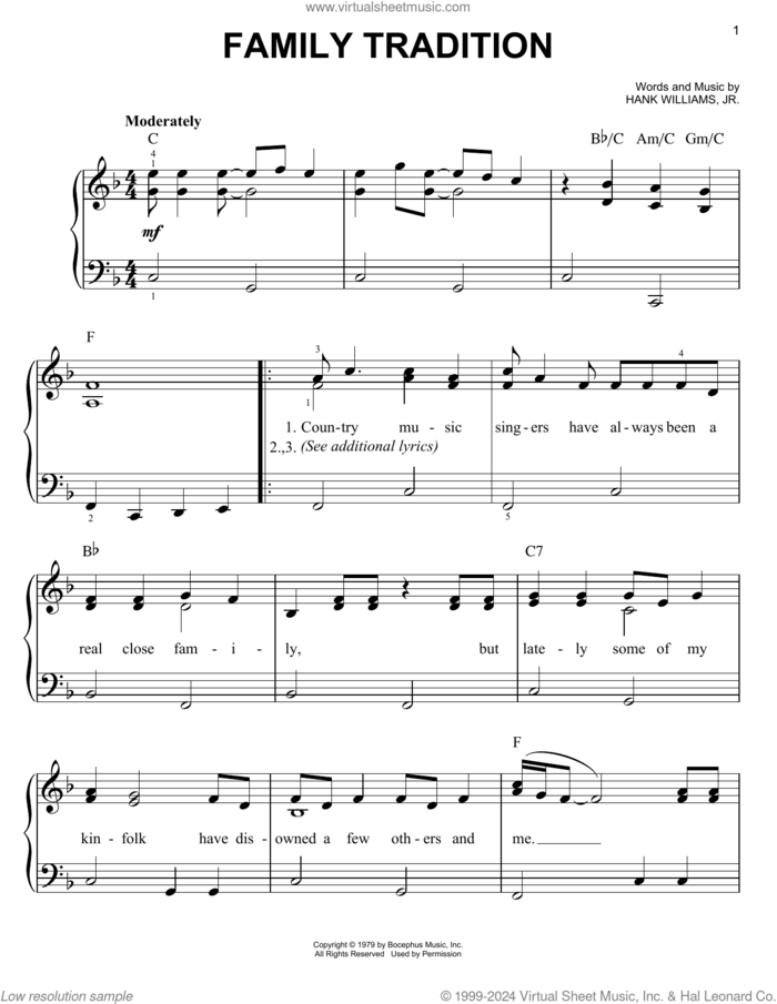 Family Tradition sheet music for piano solo by Hank Williams, Jr., easy skill level