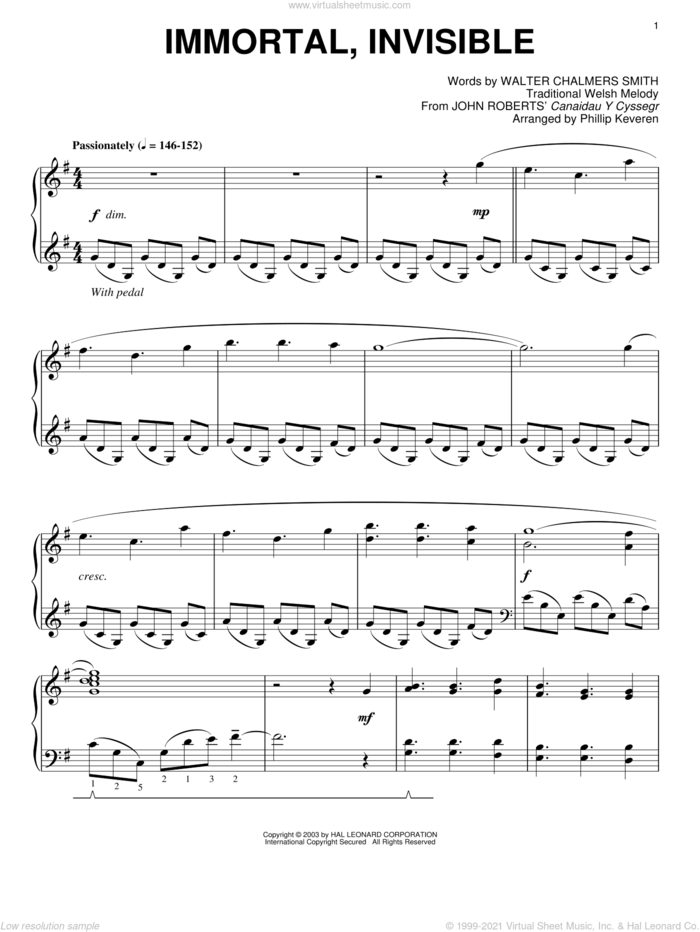 Immortal, Invisible (arr. Phillip Keveren) sheet music for piano solo by Walter Chalmers Smith, Phillip Keveren and Miscellaneous, intermediate skill level