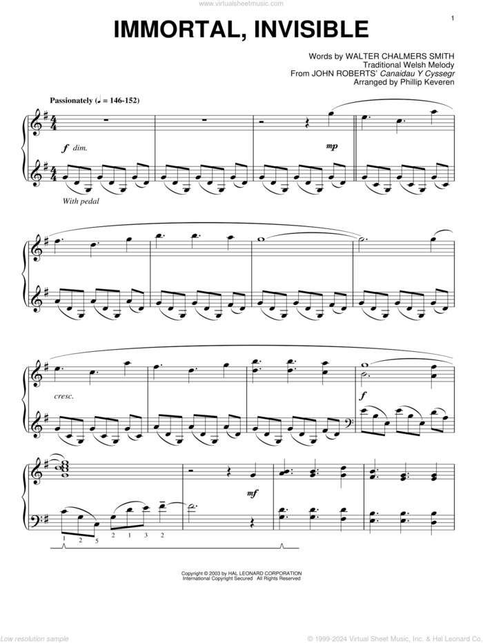 Immortal, Invisible (arr. Phillip Keveren) sheet music for piano solo by Walter Chalmers Smith, Phillip Keveren and Miscellaneous, intermediate skill level