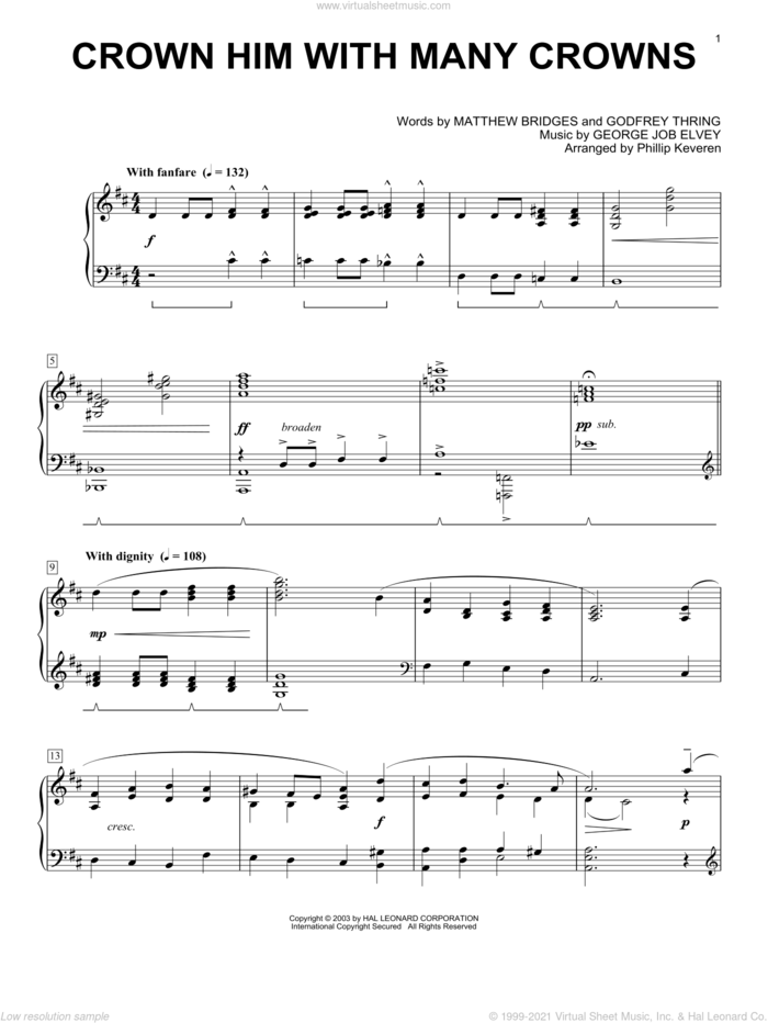 Crown Him With Many Crowns (arr. Phillip Keveren) sheet music for piano solo by Matthew Bridges, Phillip Keveren, George Job Elvey and Godfrey Thring, intermediate skill level
