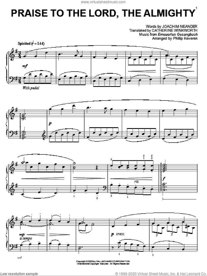 Praise To The Lord, The Almighty (arr. Phillip Keveren) sheet music for piano solo by Joachim Neander, Phillip Keveren, Catherine Winkworth and Erneuerten Gesangbuch, intermediate skill level