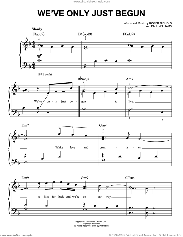 We've Only Just Begun sheet music for piano solo by Carpenters, Paul Williams and Roger Nichols, wedding score, easy skill level