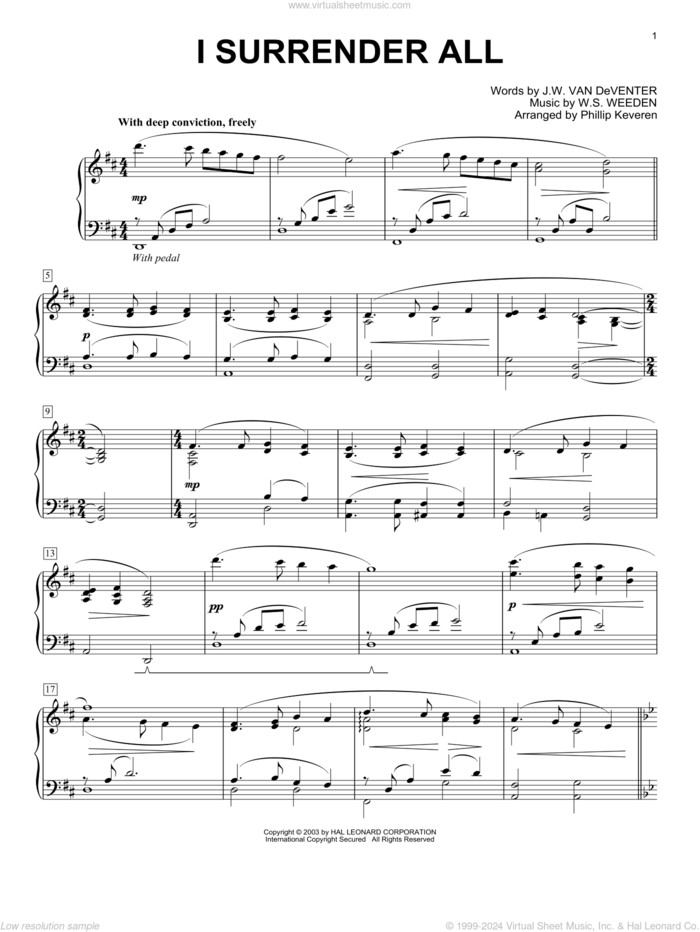 I Surrender All (arr. Phillip Keveren), (intermediate) sheet music for piano solo by Judson W. Van De Venter, Phillip Keveren and Winfield S. Weeden, intermediate skill level