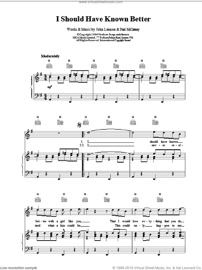I Should Have Known Better sheet music for voice, piano or guitar by The Beatles, intermediate skill level