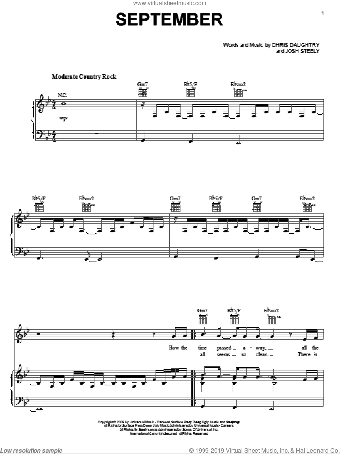 September sheet music for voice, piano or guitar by Daughtry, Chris Daughtry and Josh Steely, intermediate skill level