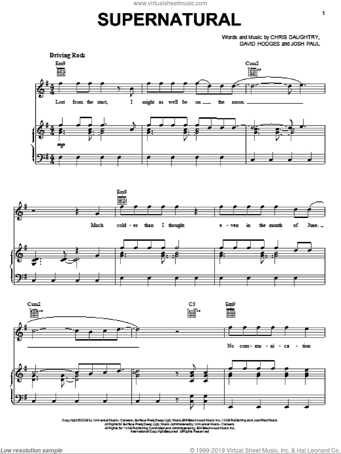 Supernatural sheet music for voice, piano or guitar by Daughtry, Chris Daughtry, David Hodges and Josh Paul, intermediate skill level