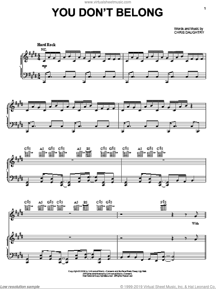 You Don't Belong sheet music for voice, piano or guitar by Daughtry and Chris Daughtry, intermediate skill level