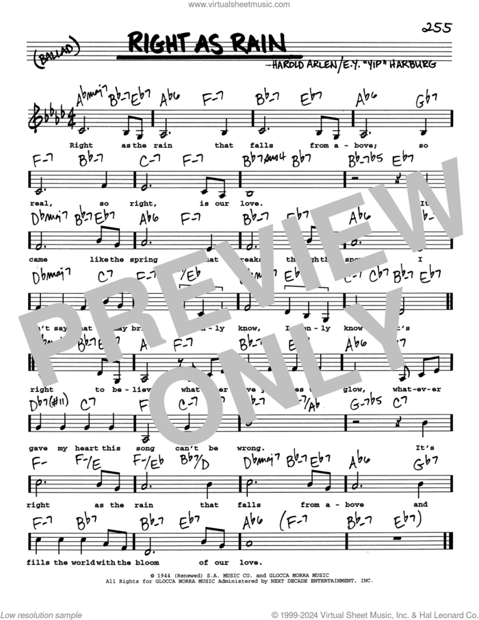 Right As Rain (Low Voice) sheet music for voice and other instruments (real book with lyrics) by Harold Arlen, Spike Robinson and E.Y. Harburg, intermediate skill level