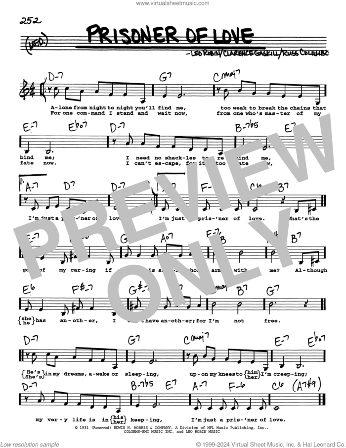 Prisoner Of Love (Low Voice) sheet music for voice and other instruments (real book with lyrics) by Leo Robin, Clarence Gaskill and Russ Columbo, intermediate skill level