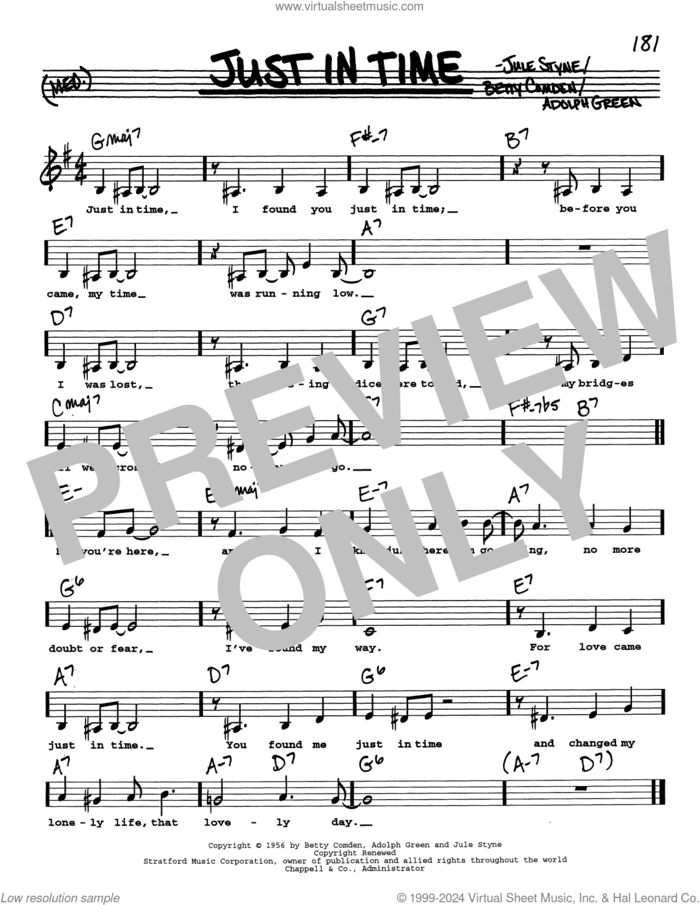 Just In Time (Low Voice) sheet music for voice and other instruments (real book with lyrics) by Jule Styne, Adolph Green and Betty Comden, intermediate skill level