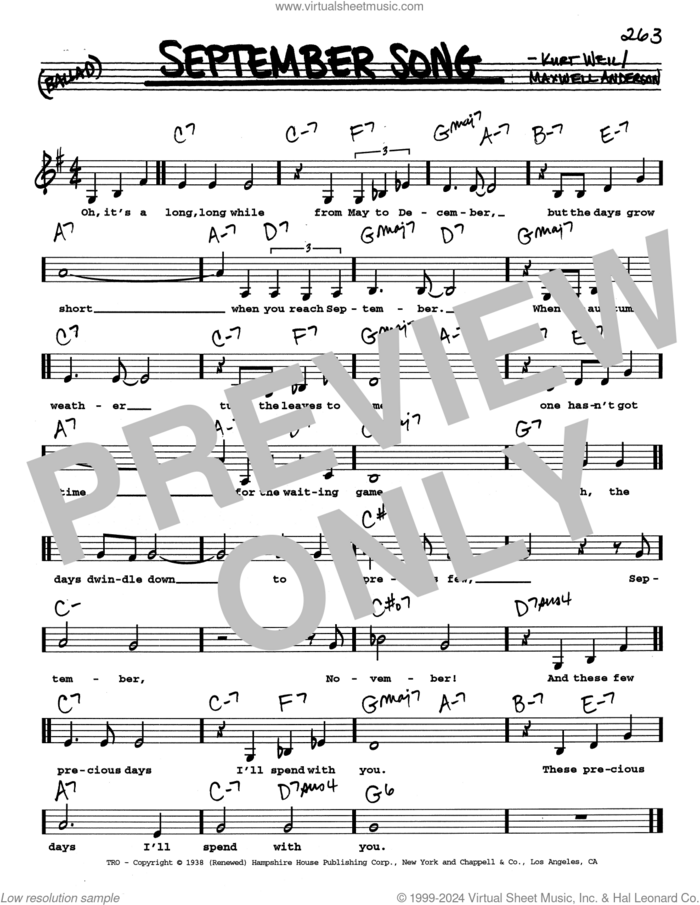 September Song (Low Voice) sheet music for voice and other instruments (real book with lyrics) by Kurt Weill and Maxwell Anderson, intermediate skill level