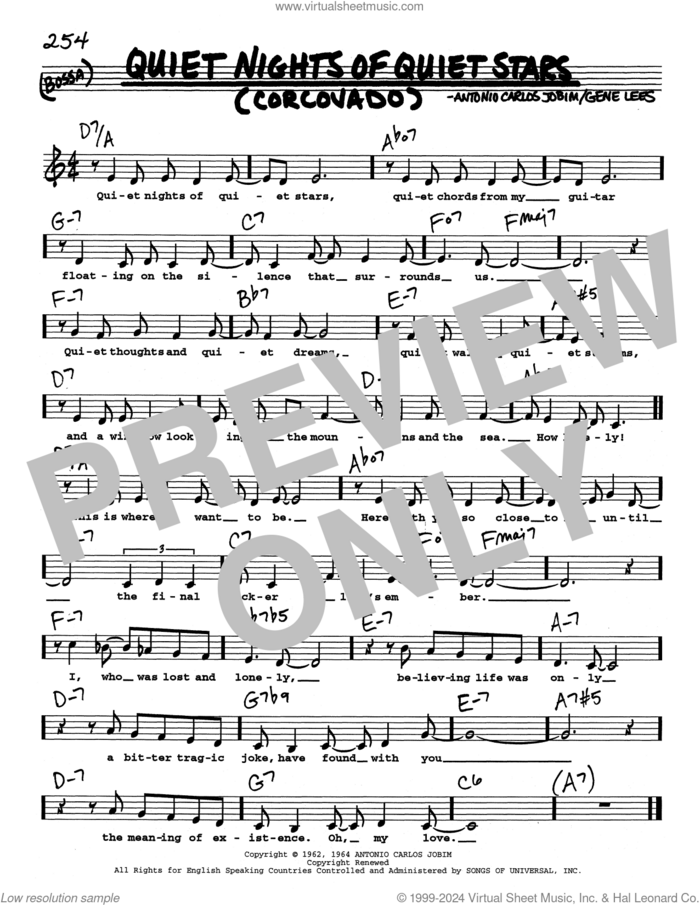 Quiet Nights Of Quiet Stars (Corcovado) (Low Voice) sheet music for voice and other instruments (real book with lyrics) by Antonio Carlos Jobim, Andy Williams and Eugene John Lees, intermediate skill level