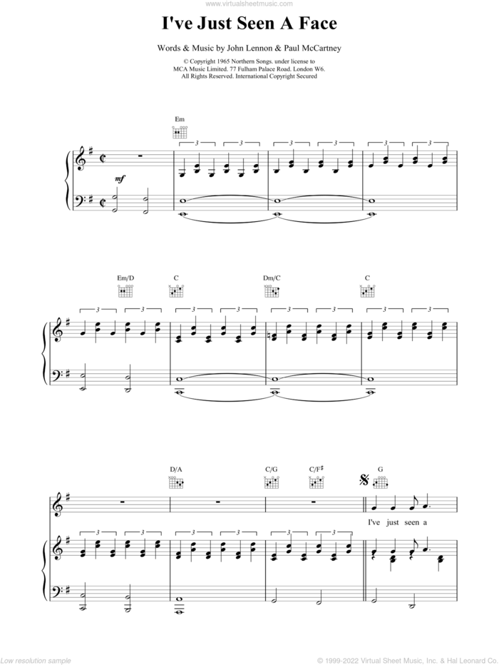 I've Just Seen A Face sheet music for voice, piano or guitar by The Beatles, intermediate skill level