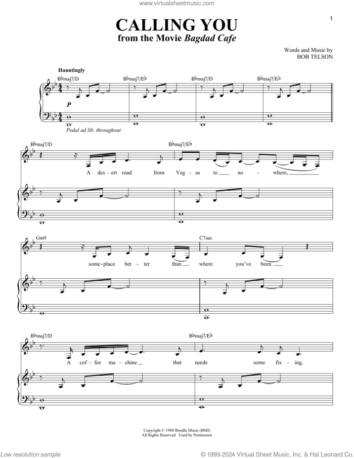 Calling You (from Bagdad Cafe) sheet music for voice and piano by Bob Telson and Jevetta Steele, intermediate skill level