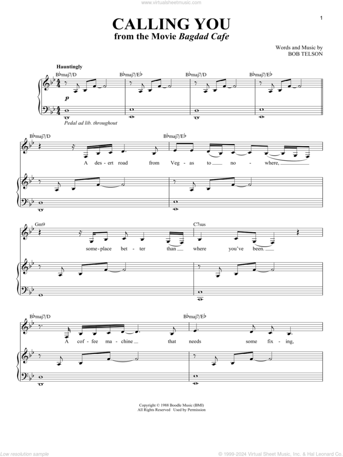 Calling You (from Bagdad Cafe) sheet music for voice and piano by Bob Telson and Jevetta Steele, intermediate skill level