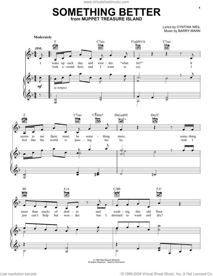Something Better (from Muppet Treasure Island) sheet music for voice, piano or guitar by Barry Mann and Cynthia Weil, intermediate skill level