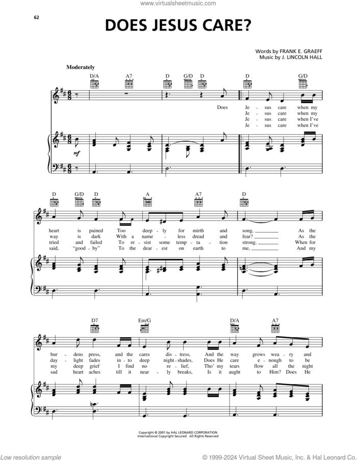 Does Jesus Care? sheet music for voice, piano or guitar by Frank E. Graeff and J. Lincoln Hall, intermediate skill level