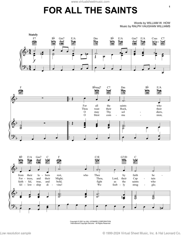 For All The Saints sheet music for voice, piano or guitar by R. Vaughan Williams and William W. How, intermediate skill level