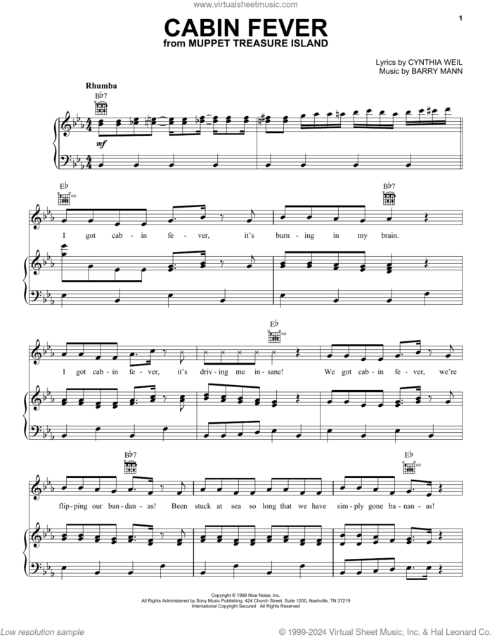 Cabin Fever (from Muppet Treasure Island) sheet music for voice, piano or guitar by Barry Mann and Cynthia Weil, intermediate skill level
