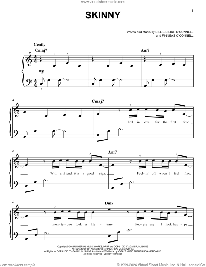 SKINNY sheet music for piano solo by Billie Eilish, easy skill level
