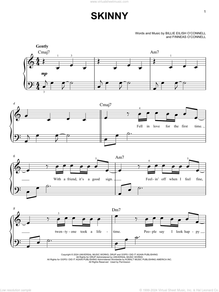 SKINNY sheet music for piano solo by Billie Eilish, easy skill level