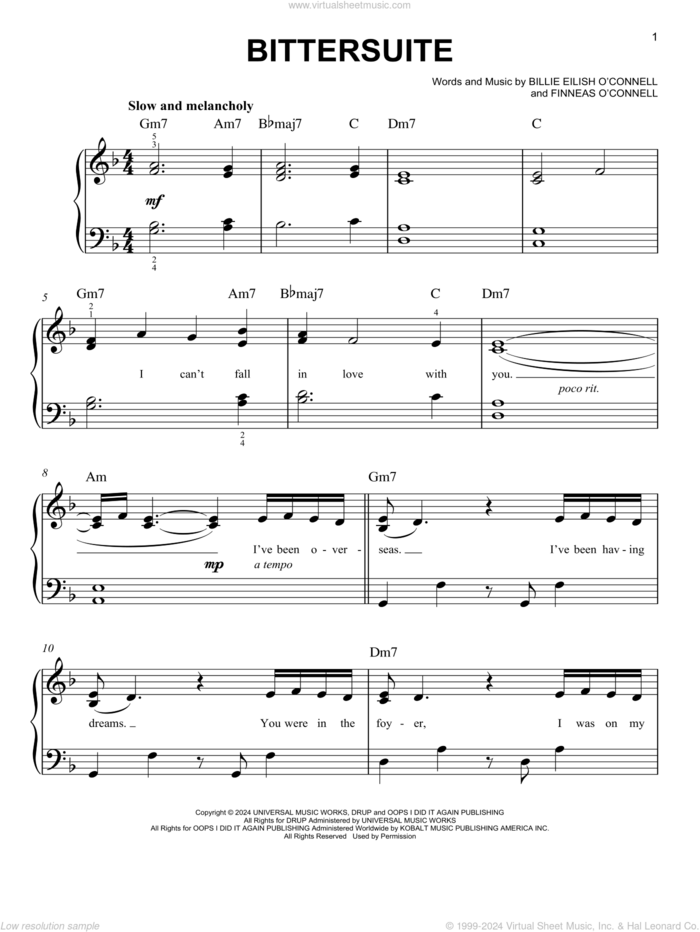 BITTERSUITE sheet music for piano solo by Billie Eilish, easy skill level