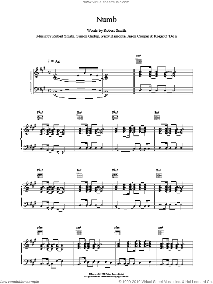 Numb sheet music for voice, piano or guitar by The Cure and Robert Smith, intermediate skill level