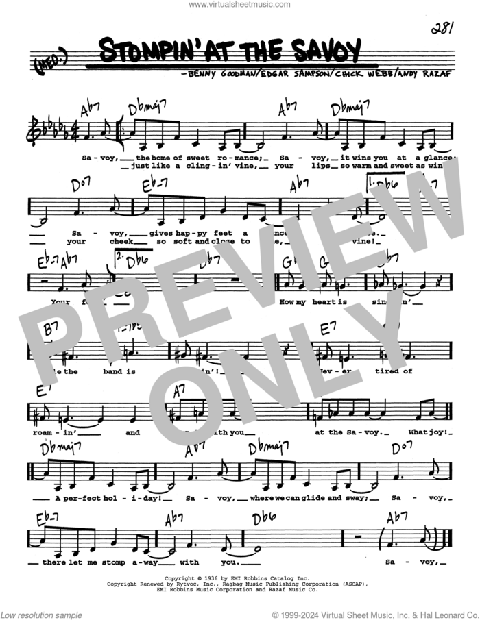 Stompin' At The Savoy (Low Voice) sheet music for voice and other instruments (real book with lyrics) by Benny Goodman, Andy Razaf, Chick Webb and Edgar Sampson, intermediate skill level