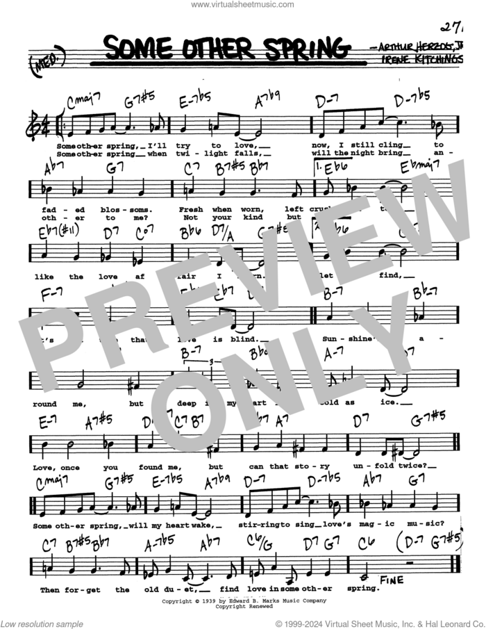 Some Other Spring (Low Voice) sheet music for voice and other instruments (real book with lyrics) by Arthur Herzog Jr. and Irene Kitchings, intermediate skill level
