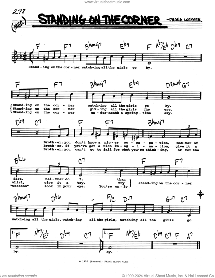 Standing On The Corner (Low Voice) sheet music for voice and other instruments (real book with lyrics) by The Four Lads and Frank Loesser, intermediate skill level