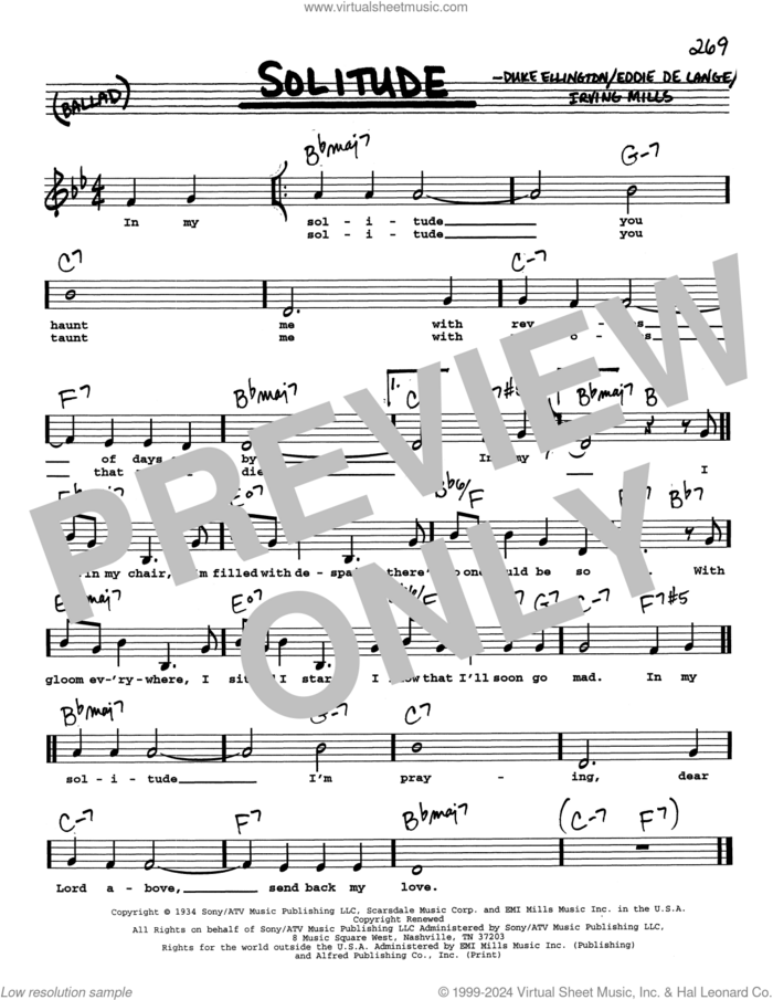 Solitude (Low Voice) sheet music for voice and other instruments (real book with lyrics) by Duke Ellington, Eddie DeLange and Irving Mills, intermediate skill level