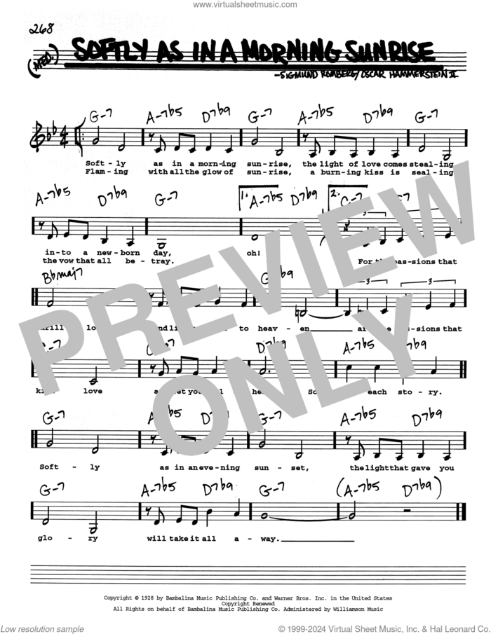 Softly As In A Morning Sunrise (Low Voice) sheet music for voice and other instruments (real book with lyrics) by Oscar II Hammerstein and Sigmund Romberg, intermediate skill level