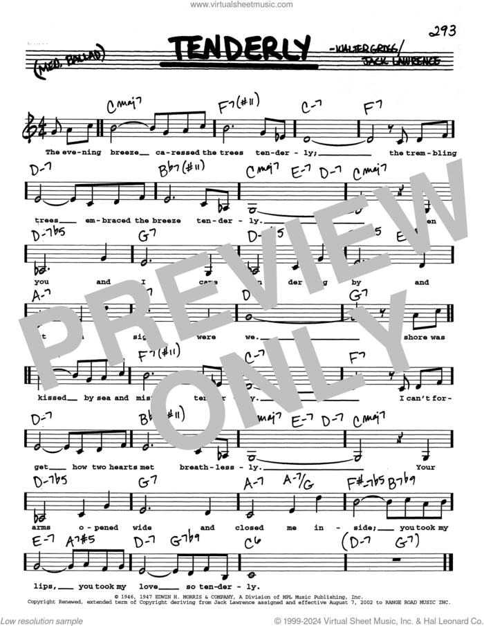 Tenderly (Low Voice) sheet music for voice and other instruments (real book with lyrics) by Jack Lawrence and Walter Gross, intermediate skill level