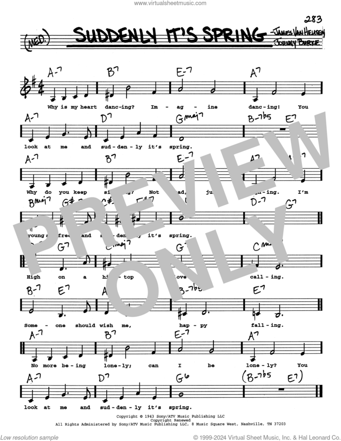 Suddenly It's Spring (Low Voice) sheet music for voice and other instruments (real book with lyrics) by Jimmy van Heusen and John Burke, intermediate skill level