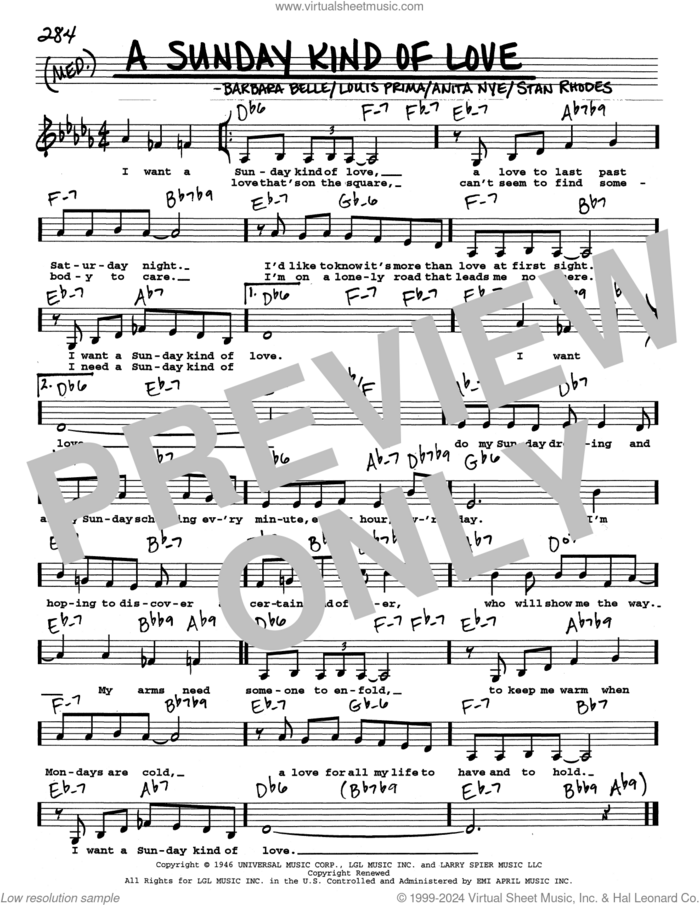 A Sunday Kind Of Love (Low Voice) sheet music for voice and other instruments (real book with lyrics) by Louis Prima, Anita Nye Leonard, Barbara Belle and Stanley Rhodes, intermediate skill level