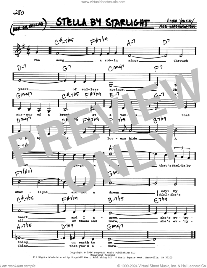 Stella By Starlight (Low Voice) sheet music for voice and other instruments (real book with lyrics) by Ned Washington, Ray Charles and Victor Young, intermediate skill level