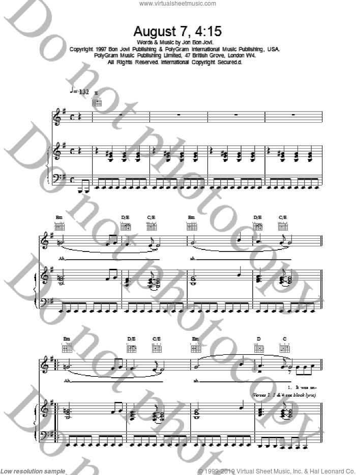 August 7, 4:15 sheet music for voice, piano or guitar by Bon Jovi, intermediate skill level