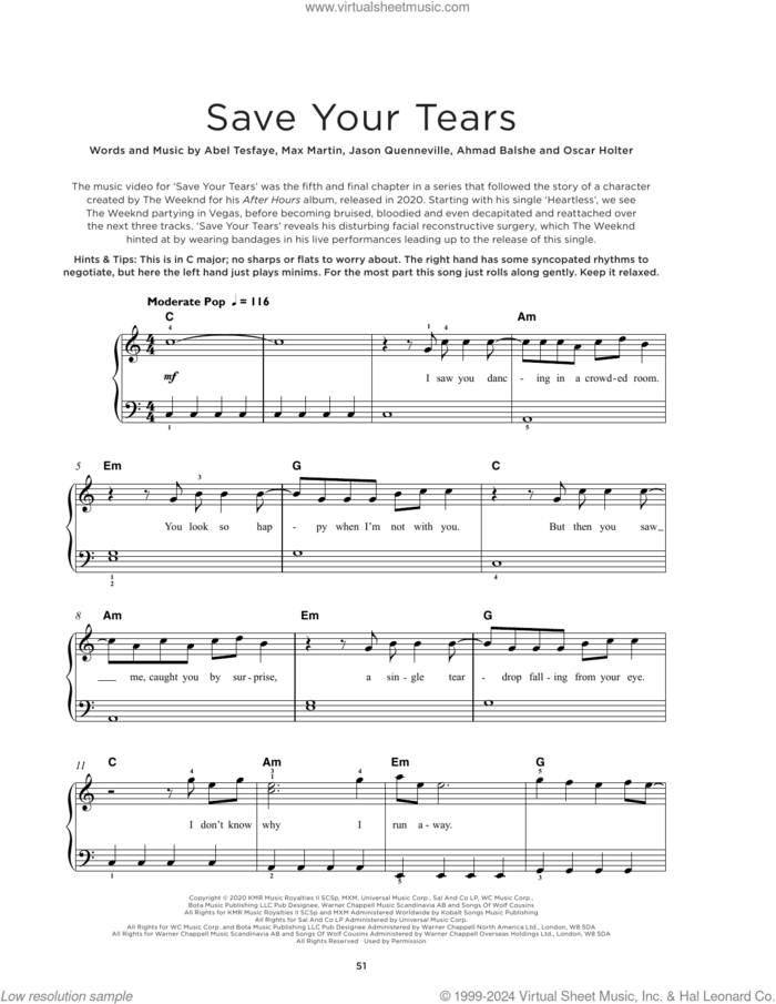 Save Your Tears, (beginner) sheet music for piano solo by The Weeknd, Abel Tesfaye, Ahmad Balshe, Jason Quenneville, Max Martin and Oscar Holter, beginner skill level