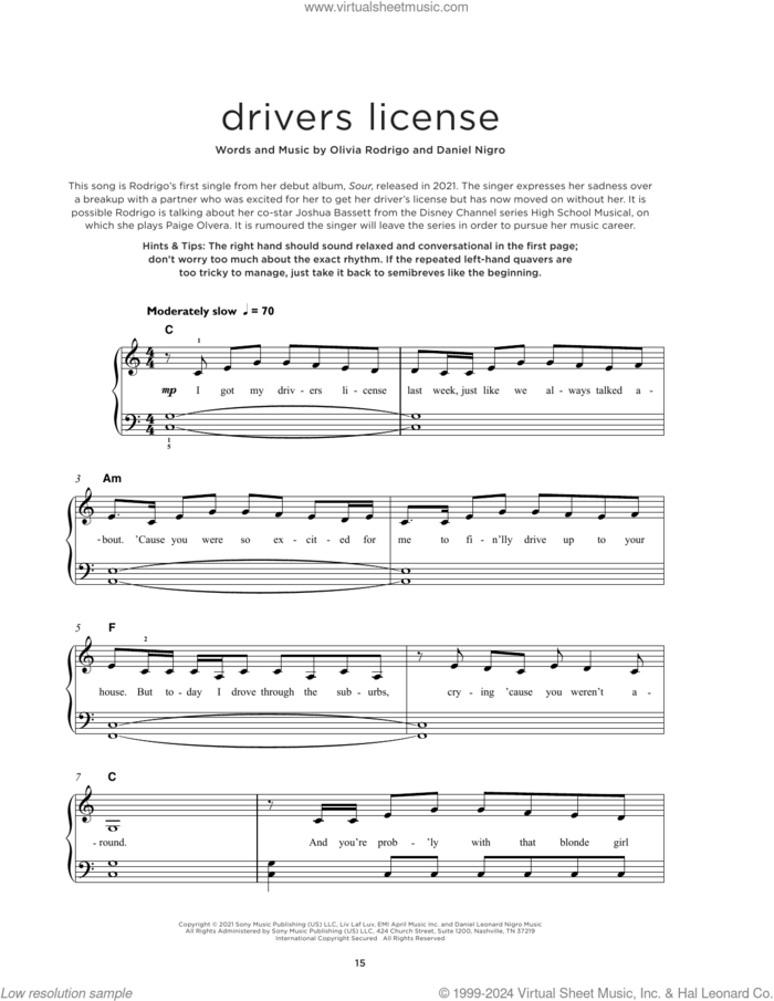 drivers license sheet music for piano solo by Olivia Rodrigo and Daniel Nigro, beginner skill level