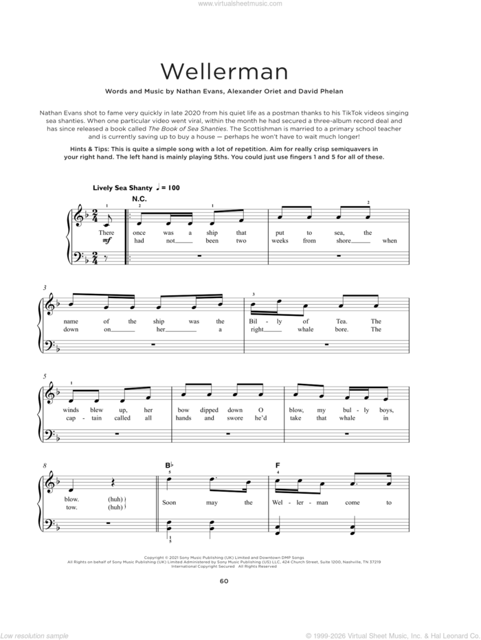 Wellerman sheet music for piano solo by Nathan Evans, Alexander Oriet and David Phelan, beginner skill level