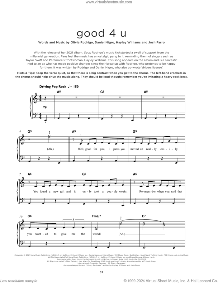 good 4 u, (beginner) sheet music for piano solo by Olivia Rodrigo, Daniel Nigro, Hayley Williams and Josh Farro, beginner skill level
