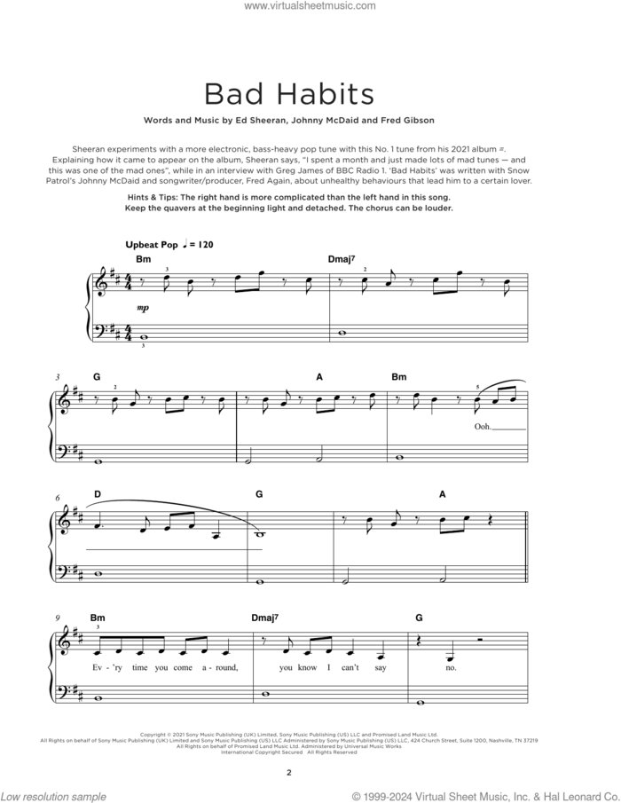Bad Habits, (beginner) sheet music for piano solo by Ed Sheeran, Fred Gibson and Johnny McDaid, beginner skill level